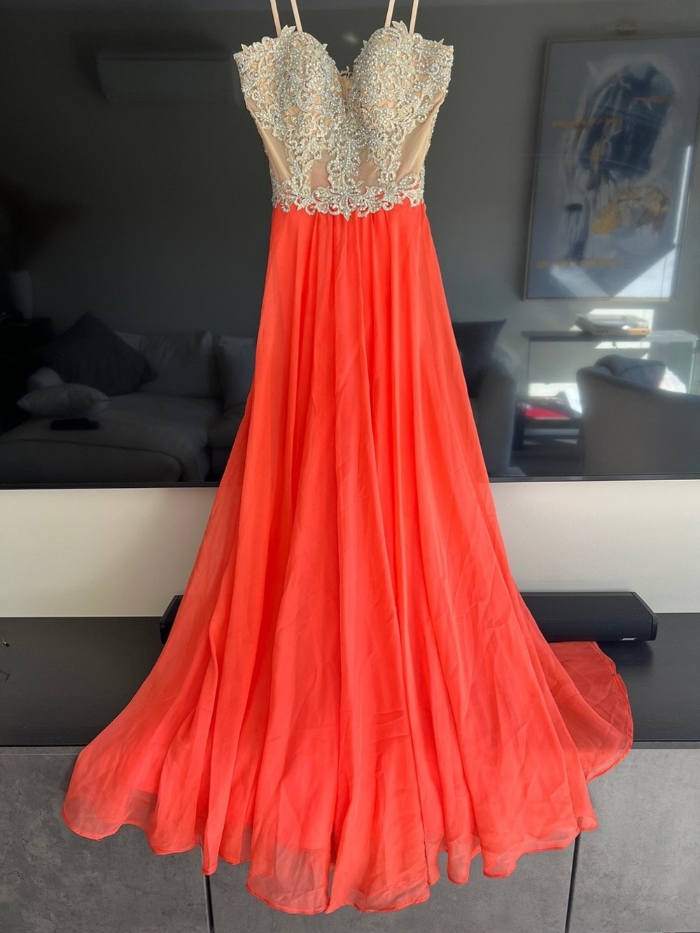La Femme Coral Gown with Beaded Nude Bodice